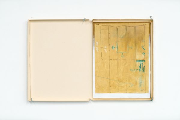 Marissa Lee Benedict and David Rueter, Marissa Lee Benedict and David Rueter, Divider (Eileen Gray), 2021, Oil, wax pencil, graphite, and gesso on MDF panel, 9 x 12 inches