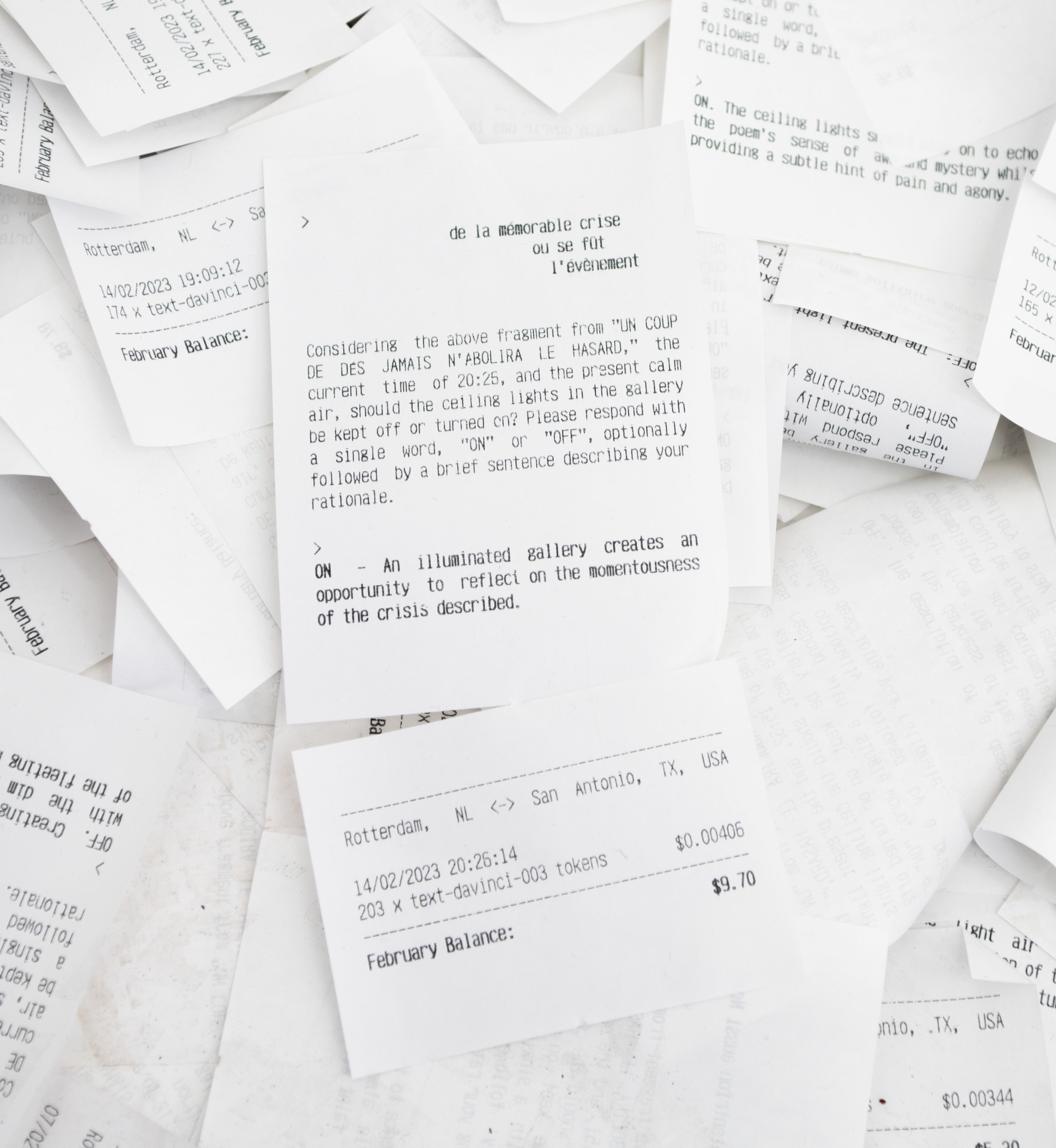 Marissa Lee Benedict and David Rueter, a conversation between machines about Mallarmé (regarding the state of the gallery lights), 2023, Wooden shelf, receipt printer, thermal paper, wiring and conduit, custom software, annotated text file containing Stéphane Mallarmé's poem "Un coup de dés jamais n'abolira le hasard," Large Language Model (LLM) cloud service account, single-board computer.