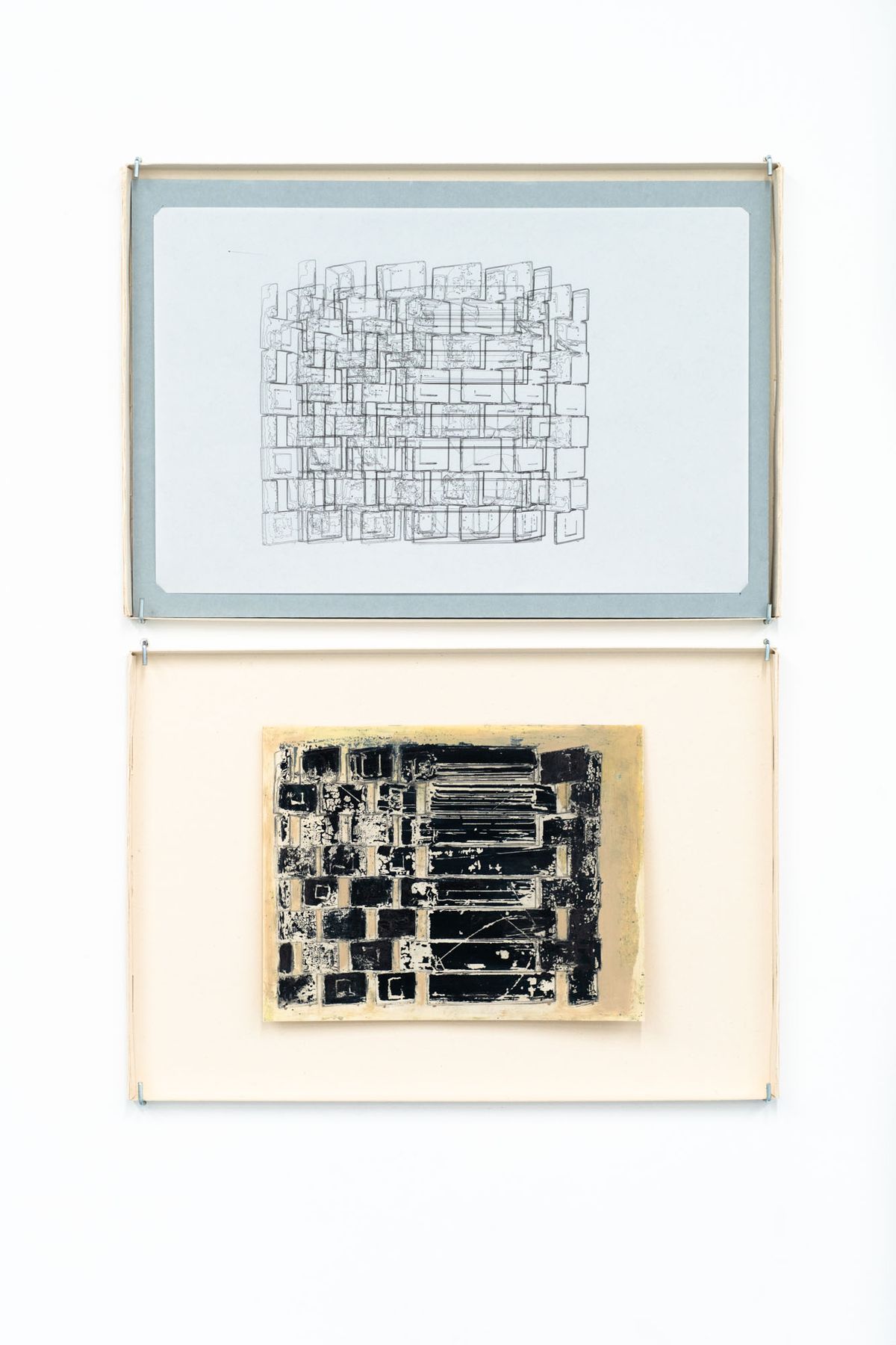 Marissa Lee Benedict and David Rueter, Brick Screens, Circulating and Stretching (Eileen Gray), 2021, Pen, oil, acrylic, and graphite on Rite in the Rain cardstock and vellum, 11 x 17 inches