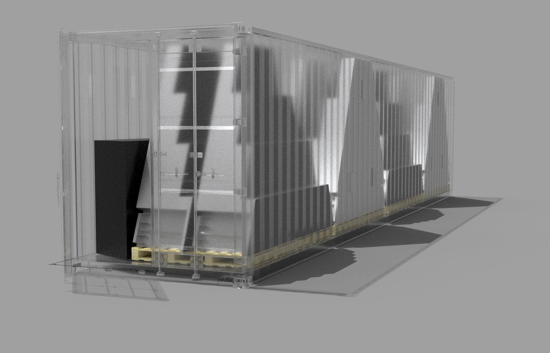 deposition / desposição, 2021: 3D render of a container packing arragement for the pieces of the former corn commodities futures trading pit, 2020. Marissa Lee Benedict, Daniel de Paula, and David Rueter