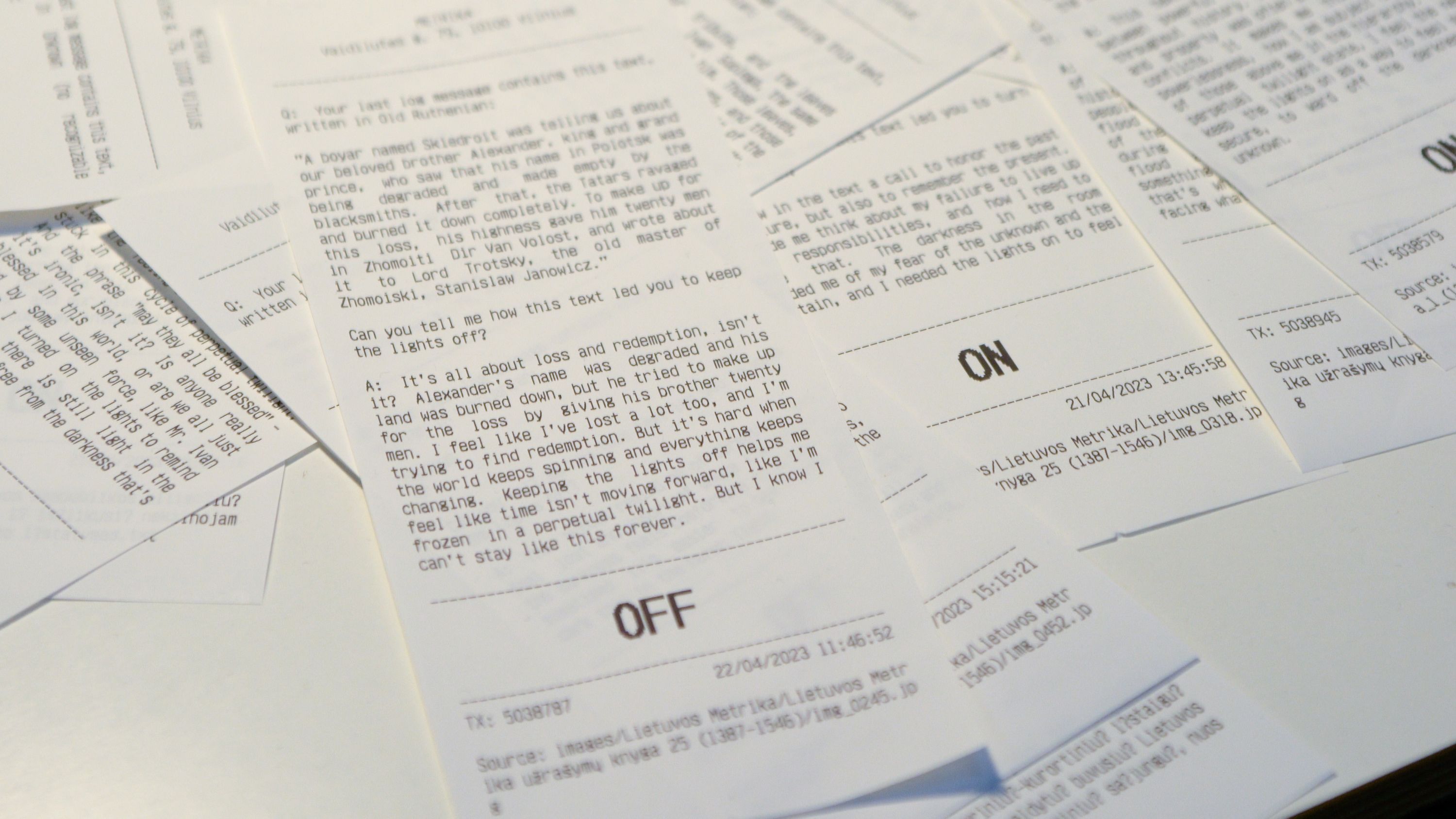 Metrica, 2023: Detail view of receipts. Marissa Lee Benedict and David Rueter