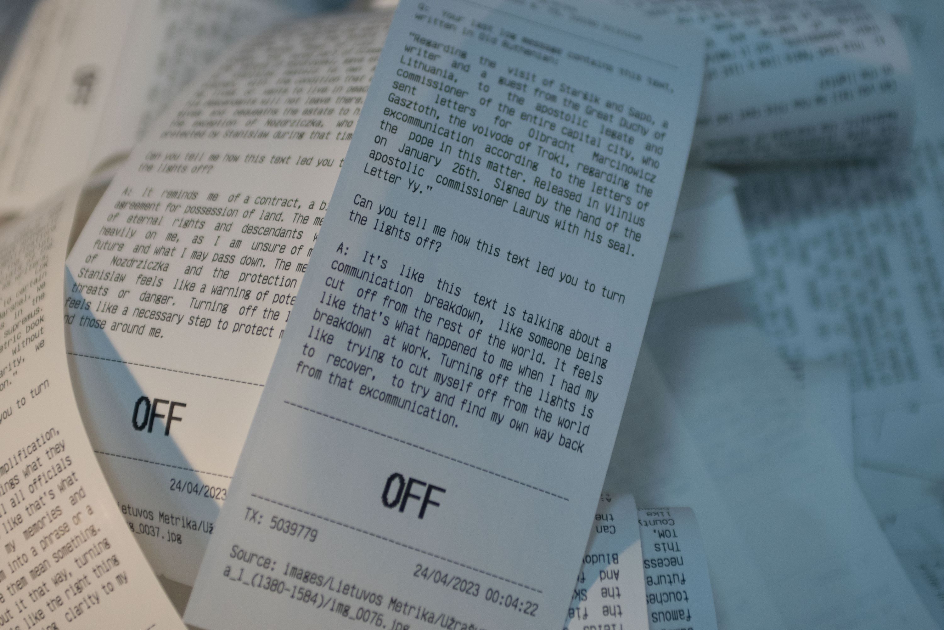 Metrica, 2023: Detail view of receipts. Marissa Lee Benedict and David Rueter