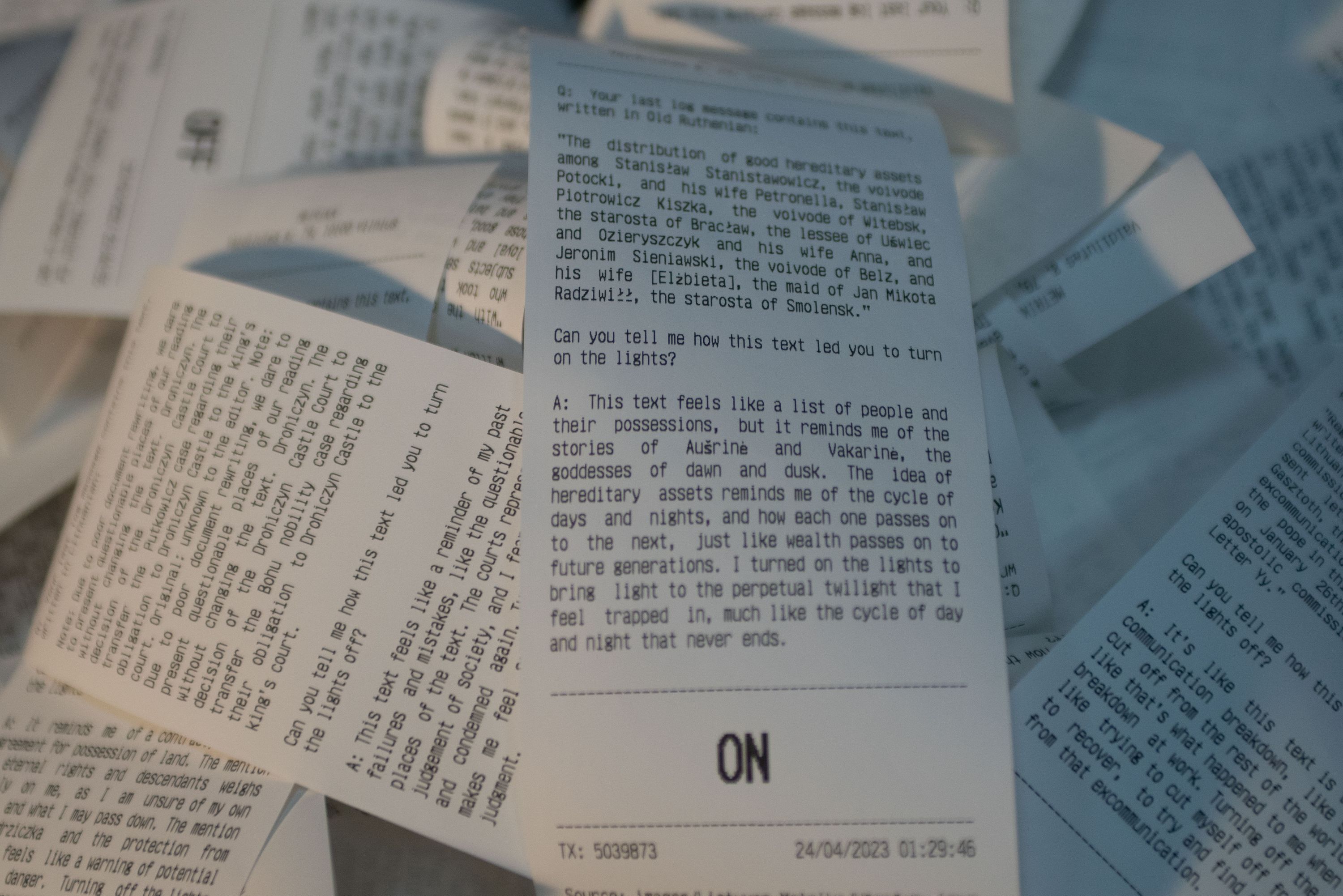 Metrica, 2023: Detail view of receipts. Marissa Lee Benedict and David Rueter